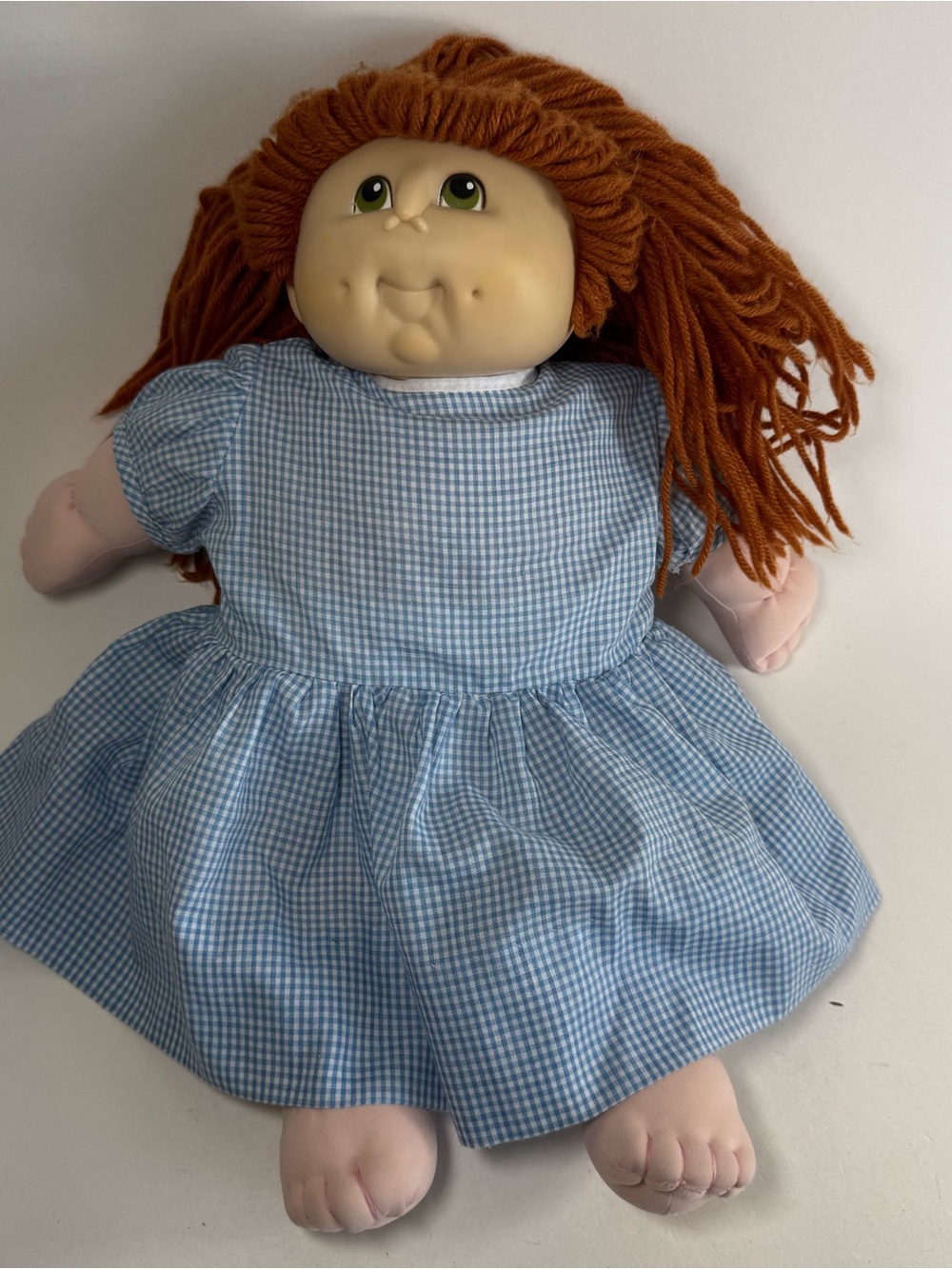 MN Thomas 1984 18" Cabbage Patch Doll Brown Hair Green Eyes Blue Checkered